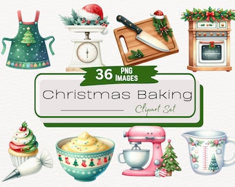Watercolor Christmas Baking Clipart Bundle, Vintage Holiday Kitchen Desserts Illustration, Red Green Baking, Seasonal Graphic Digital PNG