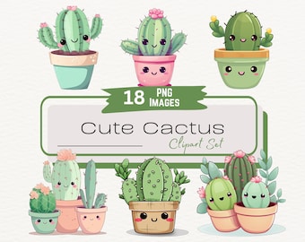 Cute Kawaii Cactus Clipart, Cacti Succulents PNG Bundle, Adorable Kawaii Plant Clipart, Digital Download PNG, Instant Download, Junk Journal