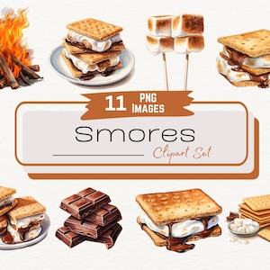 Zestaw akwarelowych s'more clipart, urocze ilustracje cyfrowych deserów s'more na kempingu, cyfrowe grafiki żywności na ognisku, cyfrowe pobieranie PNG