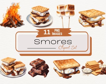Aquarel S'more clipartbundel, schattige Camping Smores digitale dessertillustraties, kampvuur digitale voedselgraphics, digitale download, png