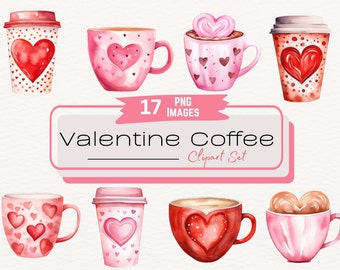 Niedliche Valentinstag Kaffee Aquarell Clipart, Valentinstag Grafiken, Love Latte Becher PNG, süße Dessert Illustration, digitaler Download