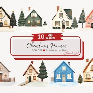 Pacchetto clipart di case di Natale ad acquerello, illustrazioni grafiche digitali di villaggi vacanze invernali, decorazioni natalizie accoglienti per la casa, acquerello PNG istantaneo