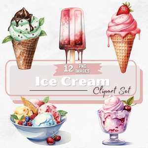 Eis Aquarell Clipart, Dessert Clipart, Eistüte, Party Einladungen Clipart, Eisbecher, digitaler Download PNG