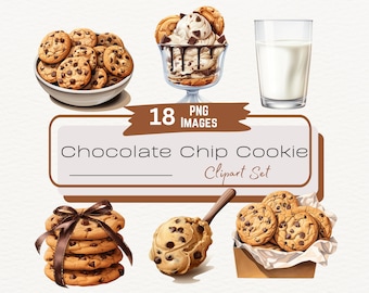 Chocolate Chip Cookie Watercolor Clipart, Dessert Illustration, Digital Food Art, Cookies and Milk, Baking Art, Digital Download PNG