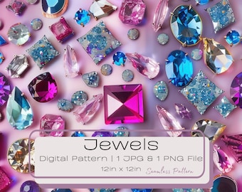 3D Jewels Seamless Digital Pattern, Gemstones Repeating Tile Illustrations, Cute Jewelry Graphics, Instant Background Download PNG JPG