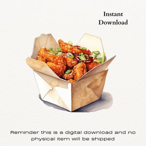 Single Takeout Chicken Watercolor Clipart, Sesame Chicken Chinese Food