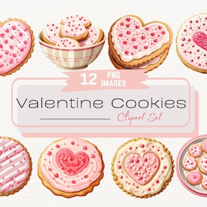 Pacote de clipart de biscoito de coração fofo em aquarela para o dia dos namorados, doces de padaria rosa e vermelho, ilustração de arte digital de comida PNG, sobremesa de dia dos namorados