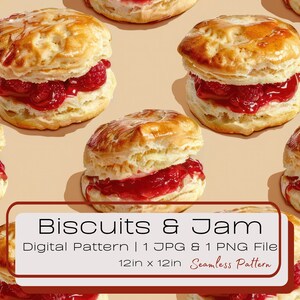 3D Biscuit with Jam Seamless Digital Pattern, Breakfast Repeating Tile Illustration, Fruit Scone Digital Wallpaper, Food Art Instant PNG JPG