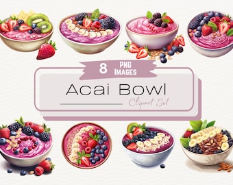 Watercolor Smoothie Bowl Clipart Bundle, Healthy Acai Fruit Bowl, Healthy Lifestyle Illustration PNG, Breakfast Image, Digital Download