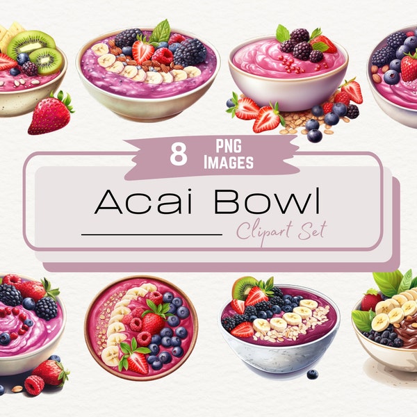 Watercolor Smoothie Bowl Clipart Bundle, Healthy Acai Fruit Bowl, Healthy Lifestyle Illustration PNG, Breakfast Image, Digital Download