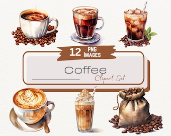 Coffee Watercolor Clipart Bundle, Cozy Coffee Mug Art, Iced Coffee, Latte Coffee Illustration PNG, Digital Download, Commercial Use
