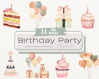 Watercolor Cute Pastel Birthday Party Clipart Bundle, Birthday Cake Balloons Digital Illustration PNG, Baby Shower Decor Digital Download