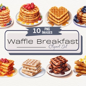 Pacchetto clipart per la colazione con waffle ad acquerello, pila di waffle alla frutta, illustrazione di arte alimentare digitale, festa della colazione mattutina PNG, download digitale