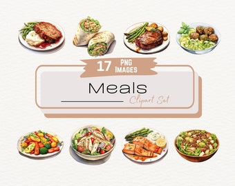 Ilustración de comida saludable en acuarela, 17 ilustraciones de arte con alimentos, planificador de comidas digital, menú, fondo transparente, digital