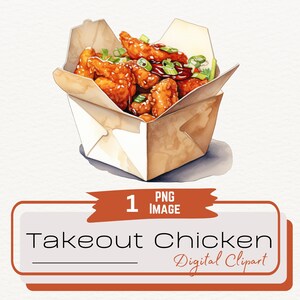 Clipart de aquarela de frango para viagem, comida chinesa de frango com gergelim, arte de ilustração digital de comida, comida asiática, download digital PNG