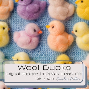 3D-Kunstwolle-Pastell-Enten-nahtloses digitales Muster, niedliche gestrickte Frühlings-Wiederholungs-Fliesen-Illustration, digitales Muster für Stoff PNG JPG