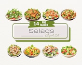 Watercolor Salad Digital Clipart Bundle, Healthy Lifestyle Illustrations, Salad Bowl PNG, Digital Food Art, Healthy Meal Planner Download