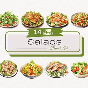 Bundle di clipart digitali di insalata ad acquerello, illustrazioni di uno stile di vita sano, PNG di una ciotola per insalata, arte alimentare digitale, download di un pianificatore di pasti sani