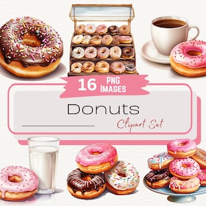 Paquete de imágenes prediseñadas de acuarela de donuts, ilustración de arte de comida digital de donuts y café, imágenes prediseñadas de panadería, postre con leche, descarga digital PNG