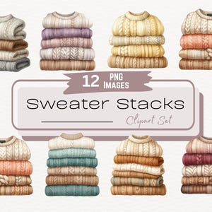 Bundle de cliparts mignons pulls d'automne, Illustrations graphiques numériques de vêtements de mode d'hiver confortable, hauts en tricot, PNG instantané saisonnier