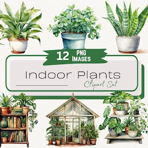 Pacote de clipart de aquarela de plantas de interior, clipart de planta de casa, planejador de jardinagem, estufa, plantas de interior em vasos, download digital PNG