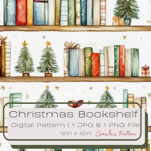 May include: A seamless digital pattern featuring a watercolor illustration of a bookshelf filled with books and decorated with small Christmas trees. The pattern is 12 inches by 12 inches and includes a JPG and PNG file.