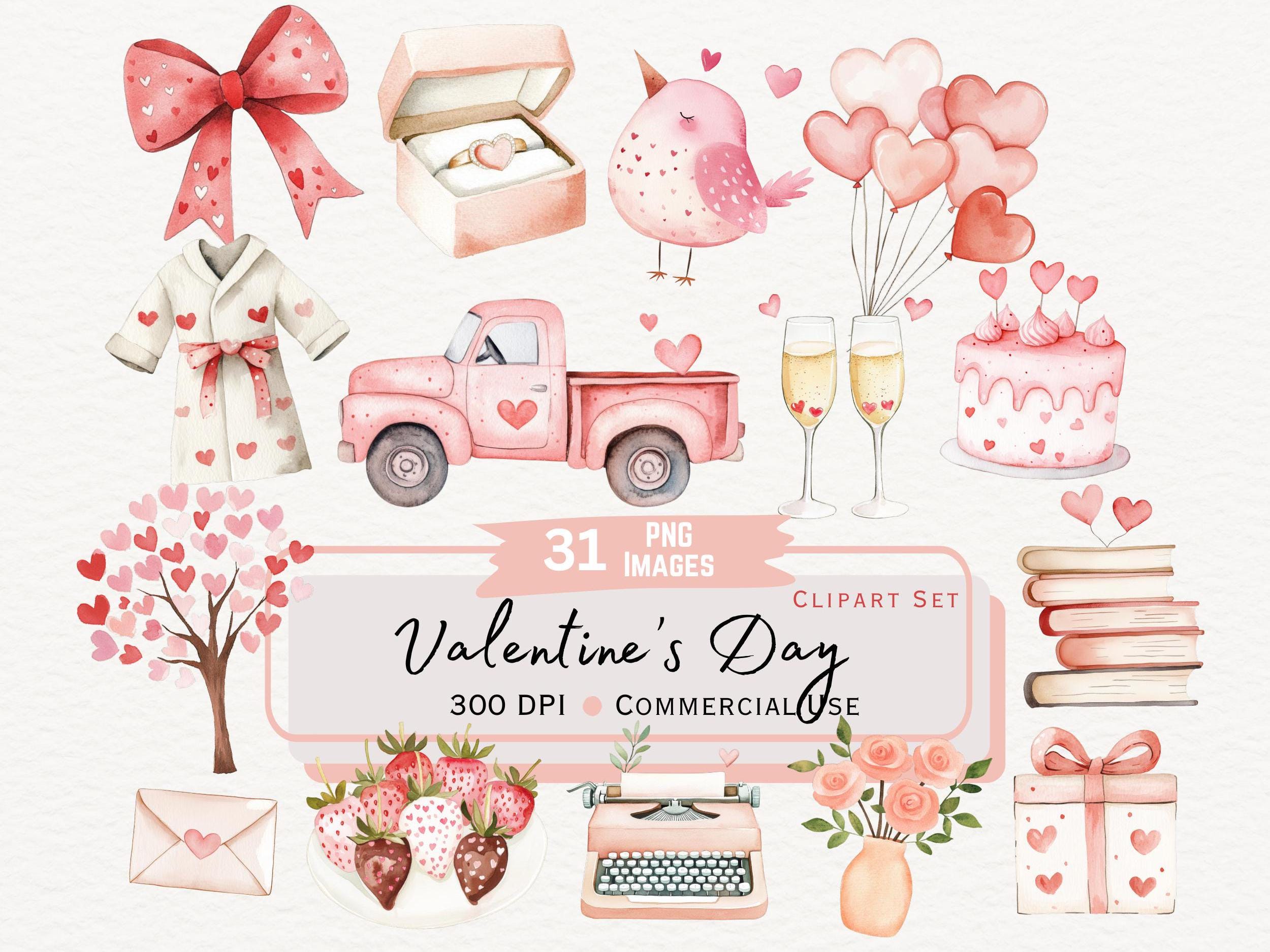 Cute Valentine's Day Watercolor Clipart Bundle, Boho Romantic Love Letter Illustrations, Date Night Graphics, Love Day Instant PNG