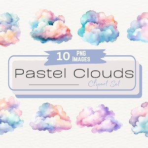 Bundle de cliparts aquarelle nuages pastel, jolie illustration numérique arc-en-ciel de chambre d'enfant, graphiques météo colorés, téléchargement numérique PNG