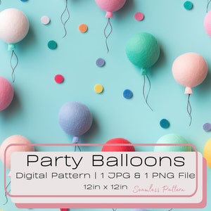 Motif numérique sans couture de ballons de fête d'anniversaire en feutre coloré 3D, joli bouquet de ballons de célébration et décor de confettis, PNG JPG instantané