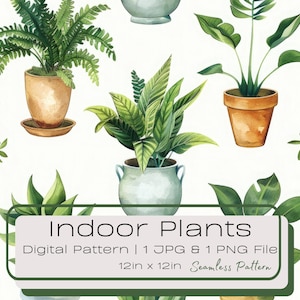 Patrón sin costuras de plantas de interior de acuarela, ilustración de azulejos de repetición botánica, diseños de fondo digital de plantas en macetas, PNG JPG instantáneo