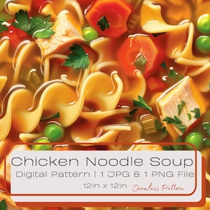 Soupe poulet et nouilles 3D motif numérique sans couture, repas d'hiver confortable répétant le graphique de la nourriture, bouillon de légumes cuisine cuisinier téléchargement immédiat PNG JPG