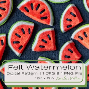 3D Kunstfilz Wassermelonenscheiben Nahtloses digitales Muster, frisches Sommerpicknick, wiederholende Fliesenillustration, Sommergrillen, Grillparty, Sofort PNG JPG