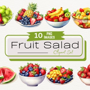 Bundle di clipart di insalata di frutta mista ad acquerello, illustrazioni digitali di frutta estiva appena tagliata, spuntino rinfrescante per picnic primaverile, bacche PNG