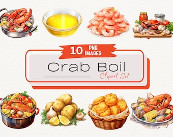 Watercolor Seafood Boil Digital Clipart Bundle, Summer Cajun Crab Lobster Illustration, Digital Food Art Graphics, Instant Download PNG JPG
