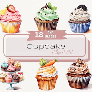 Clipart de cupcakes de cumpleaños de acuarela, invitaciones para fiestas, paquete de ilustraciones de postres, clipart de comida, bocadillos dulces para fiestas, descarga digital PNG