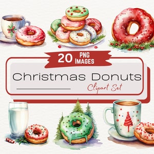 Weihnachten Donut Aquarell Clipart, Urlaub Frühstück Illustration, Clip Art Digitales Essen, Junk-Journal, Sofortiger Download Transparent PNG