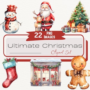 Watercolor Retro Christmas Clipart Bundle, Transparent Holiday Clipart Illustration, Nostalgic Scrapbook,  Card Making PNG, Digital Download