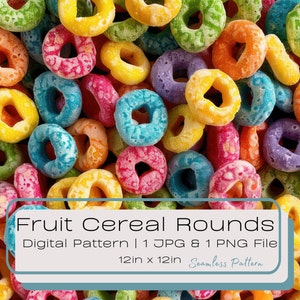 Modello digitale senza soluzione di continuità di cereali con anello di frutta mattutina 3D, ciotola per la colazione con illustrazione ripetuta di cereali, snack colorati, PNG JPG istantaneo