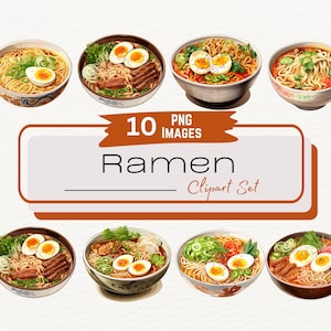 May include: A set of 10 digital illustrations of ramen bowls. The bowls are filled with noodles, broth, and various toppings, including eggs, green onions, and meat. The illustrations are in a watercolor style and are perfect for use in digital scrapbooking, card making, or other creative projects. 10 PNG IMAGES Ramen Clipart Set