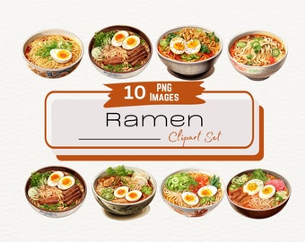 Watercolor Ramen Clipart Bundle, Digital Asian Food Illustration PNG, Korean Japanese Food Art, Ramen Noodles Bowl, Instant Download PNG