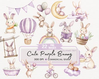 Cute Purple Bunny Watercolor Clipart Bundle, Boho Spring Baby Shower Digital Graphic Illustrations, Easter Boho Ballerina Bunny Instant PNG