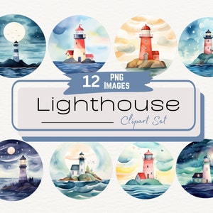 Watercolor Lighthouse Clipart Set, Cute Nautical Seaside Lighthouse Illustrations PNG, Summer Ocean Digital Graphics PNG, Instant Download