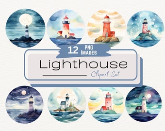 Aquarell Leuchtturm Clipart-Set, süße nautische Meer Leuchtturm Illustrationen PNG, Sommer Ozean digitale Grafiken PNG, sofortiger Download