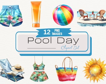 Paquete de imágenes prediseñadas de día de piscina de verano con acuarela, ilustraciones gráficas digitales de fiesta en la piscina de vacaciones, trajes de baño, vacaciones en la playa de primavera PNG instantáneo