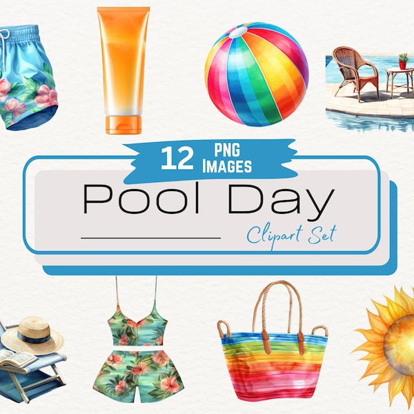 Watercolor Summer Pool Day Clipart Bundle, Vacation Pool Party Digital Graphic Illustrations, Bathing Suits Spring Beach Holiday Instant PNG