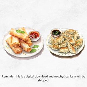 May include: A plate of spring rolls with a small bowl of dipping sauce and a plate of fried dumplings with a small bowl of dipping sauce.