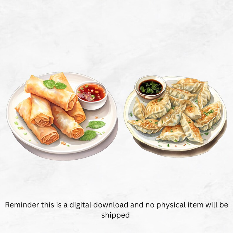 May include: A plate of spring rolls with a small bowl of dipping sauce and a plate of fried dumplings with a small bowl of dipping sauce.