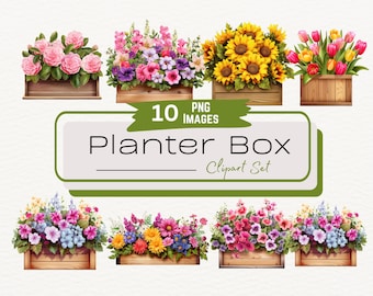 Watercolor Planter Box Clipart Bundle, Spring Garden Plant Illustrations, Summer Botanical Gardening Graphics, Flower Box Digital Art PNG