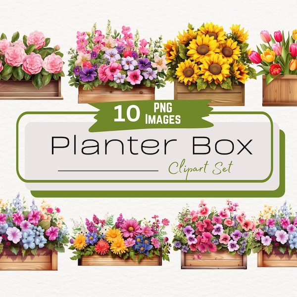 Watercolor Planter Box Clipart Bundle, Spring Garden Plant Illustrations, Summer Botanical Gardening Graphics, Flower Box Digital Art PNG