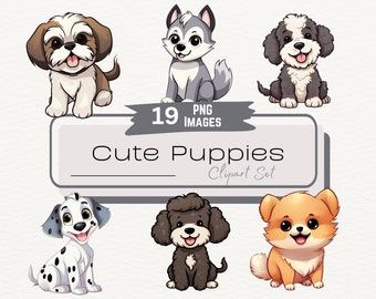 Clipart de cachorrinho fofo, ilustrações de cachorro adoráveis, pacote de clipart de cachorro, arte gráfica de cachorro kawaii fofo, adesivos digitais kawaii, PNG de uso comercial